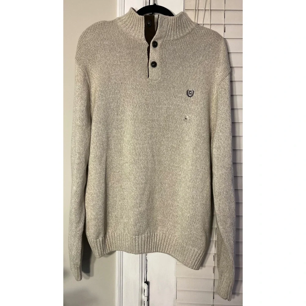 Chaps Mens Twist Mockneck Sweater Arctic Twill‎ XL Elbow Patches Button Accent